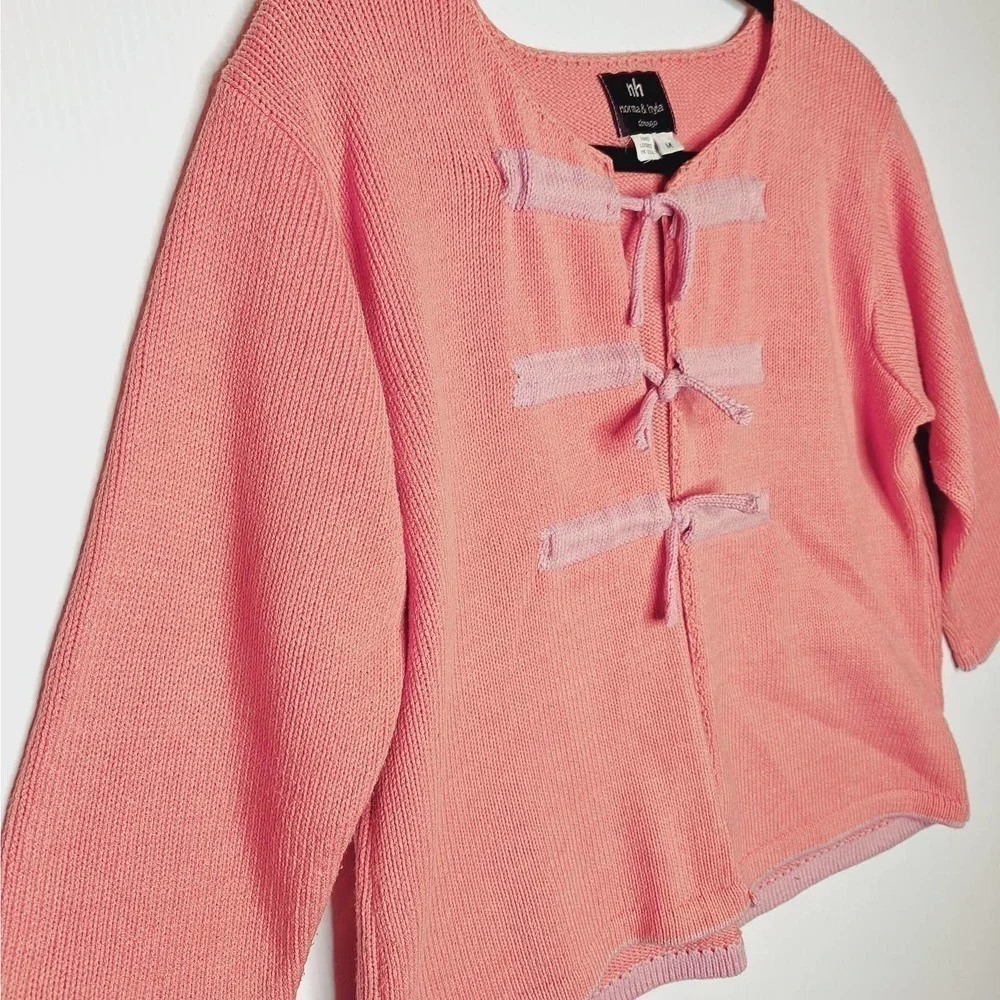 norma & hyla Hand Loomed Knit Tie Front Cardigan Medium Boxy Peach Pink Cotton
